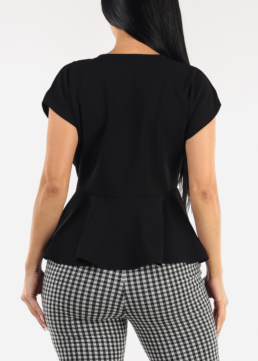 Short Sleeve Pleated Peplum Blouse Black