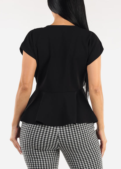 Short Sleeve Pleated Peplum Blouse Black