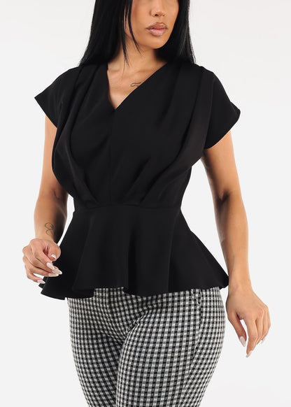 Short Sleeve Pleated Peplum Blouse Black