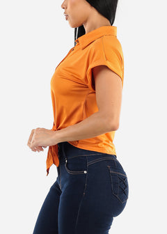 Short Sleeve Button Up  Tie Front Shirt Orange