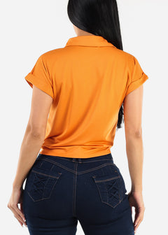 Short Sleeve Button Up  Tie Front Shirt Orange