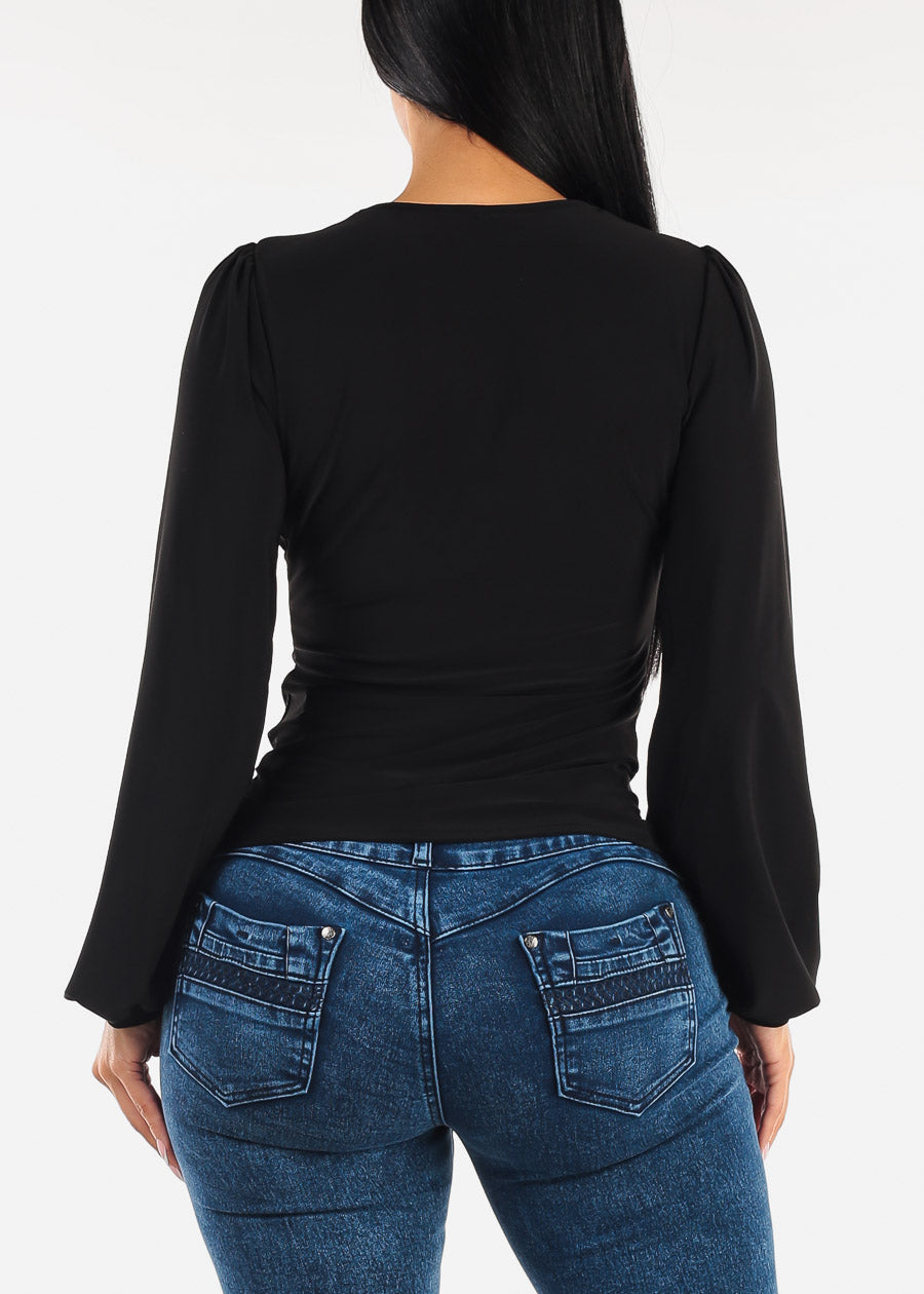 Long Sleeve Cowl Neck Black Dressy Blouse