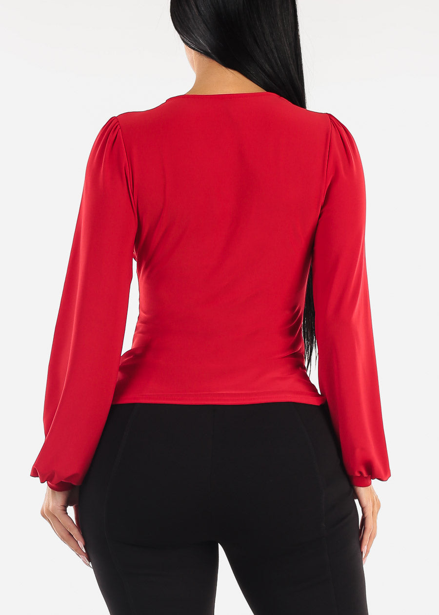 Long Sleeve Cowl Neck Red Dressy Blouse