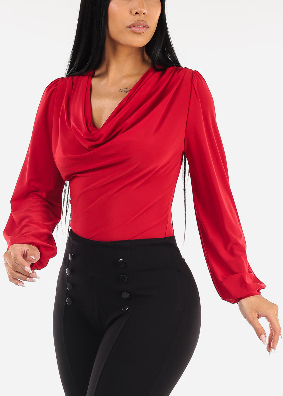 Long Sleeve Cowl Neck Red Dressy Blouse