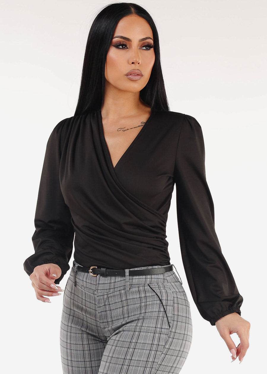 Ruched Surplice Long Sleeve Blouse Black