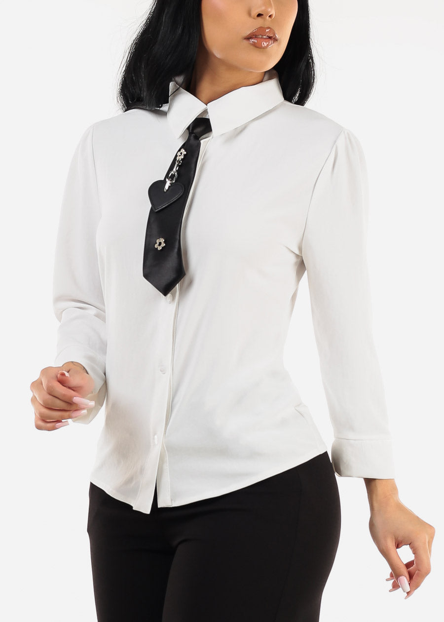 Long Sleeve Button Up Blouse Ivory w Tie