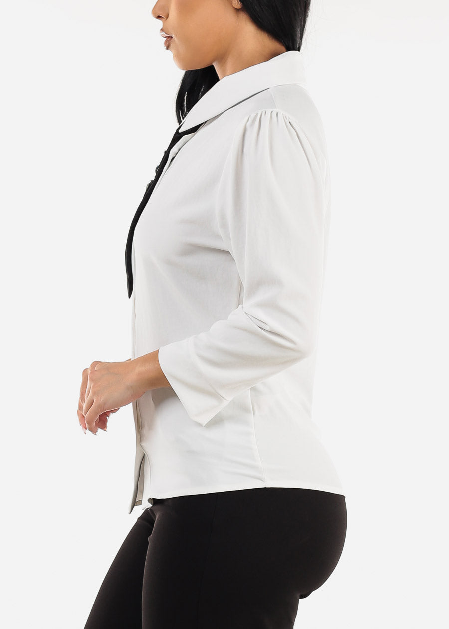 Long Sleeve Button Up Blouse Ivory w Tie