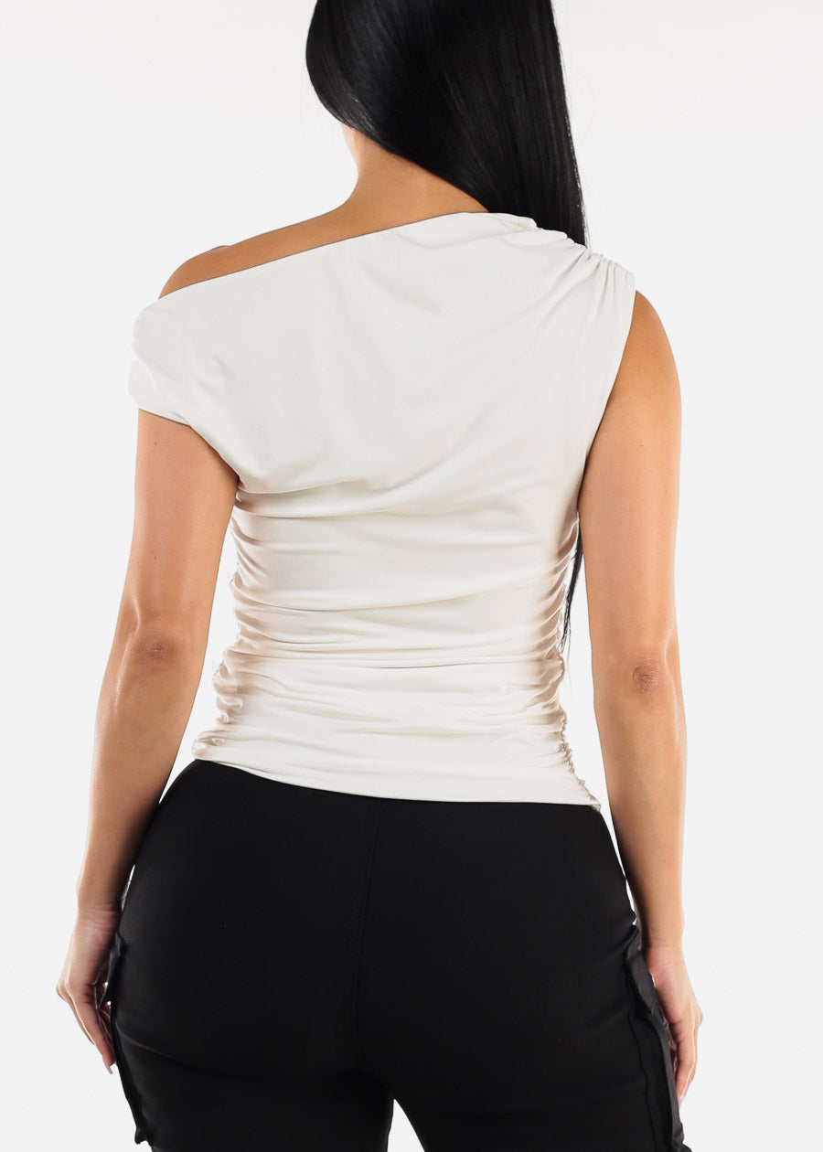 Sleeveless Asymmetrical Neckline Blouse Off White