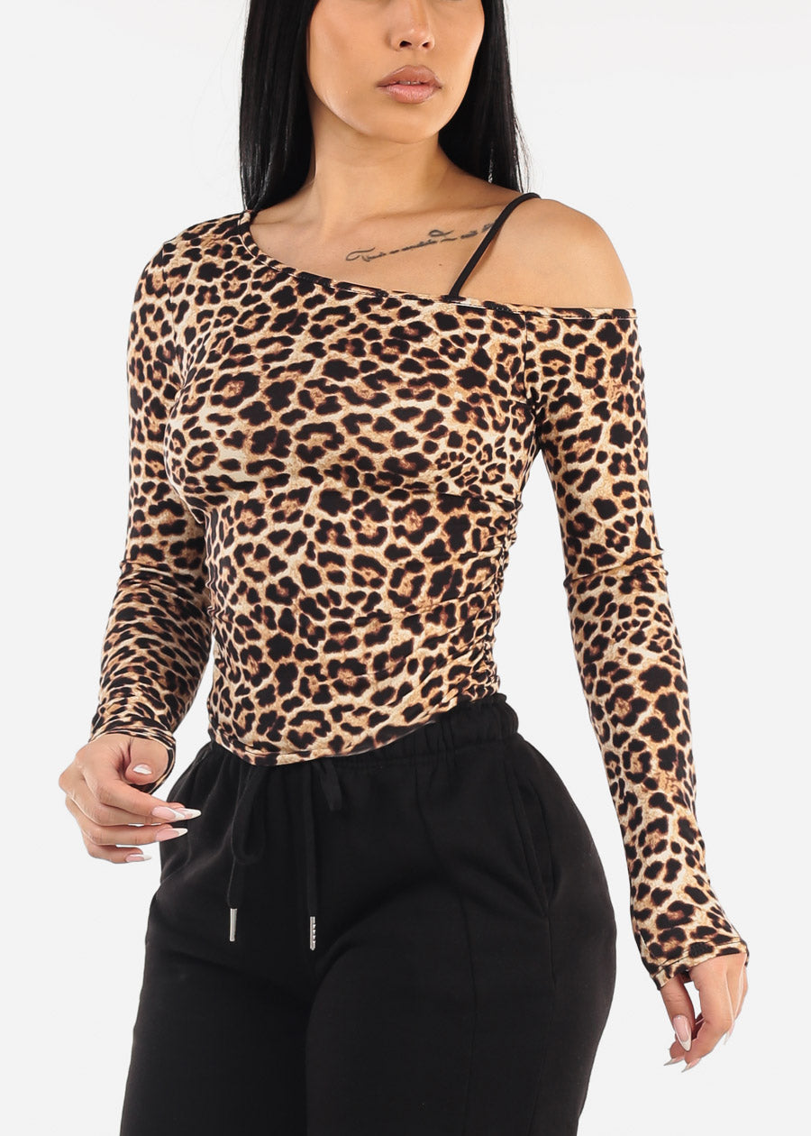 Asymmetrical Neckline Animal Print Top