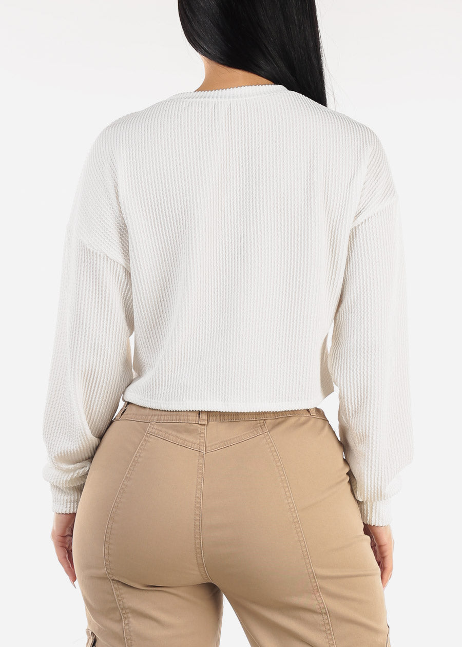 White Long Sleeve Vneck Textured Sweater Top