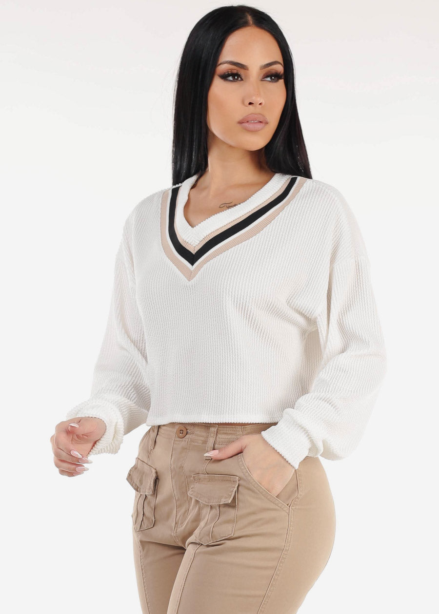 White Long Sleeve Vneck Textured Sweater Top