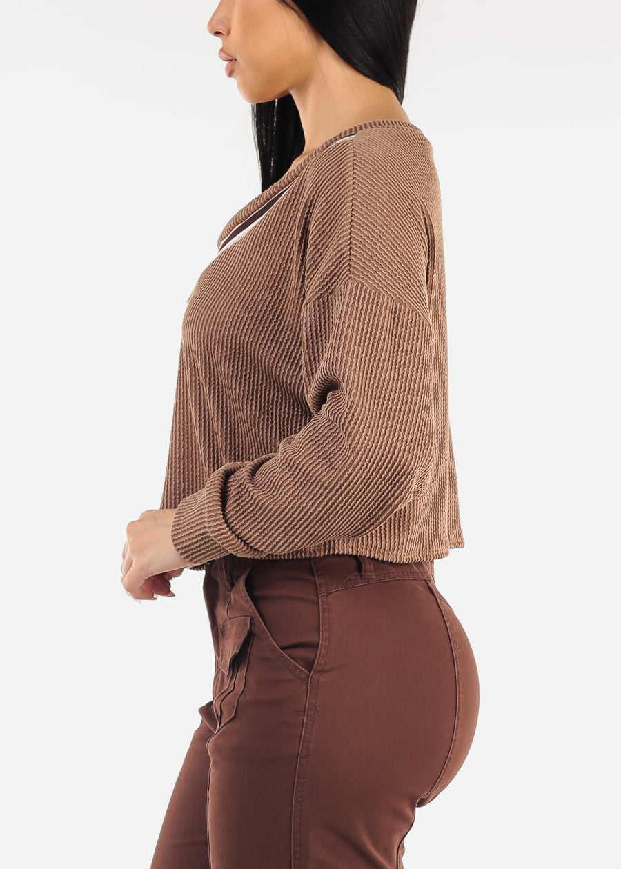 Long Sleeve Vneck Textured Sweater Top Mocha