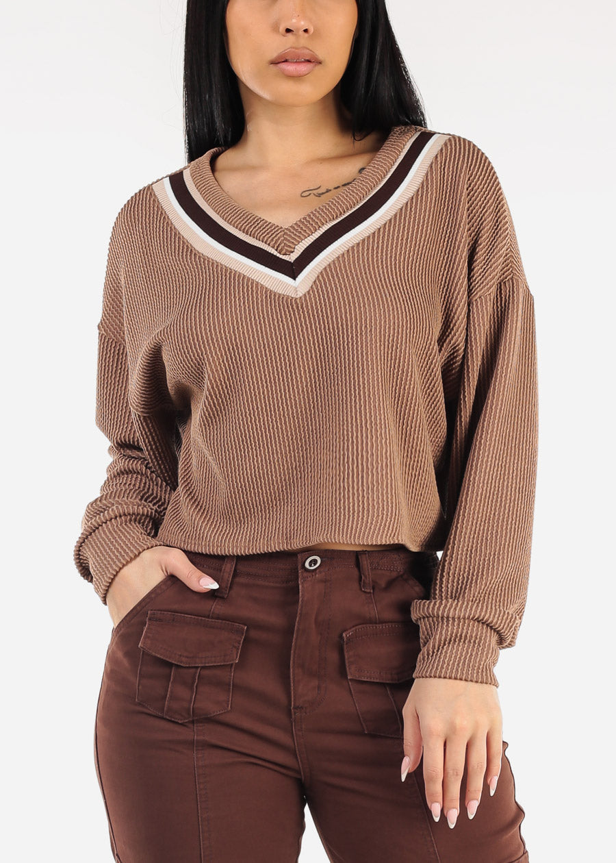 Long Sleeve Vneck Textured Sweater Top Mocha