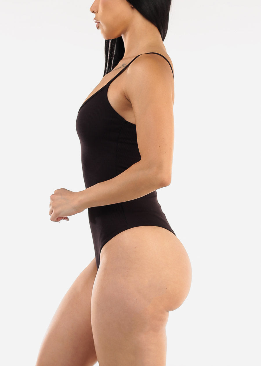 Sleeveless Vneck Ribbed Thong Bodysuit Black