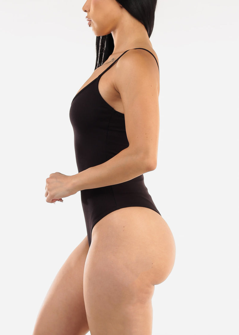 Sleeveless Vneck Ribbed Thong Bodysuit Black