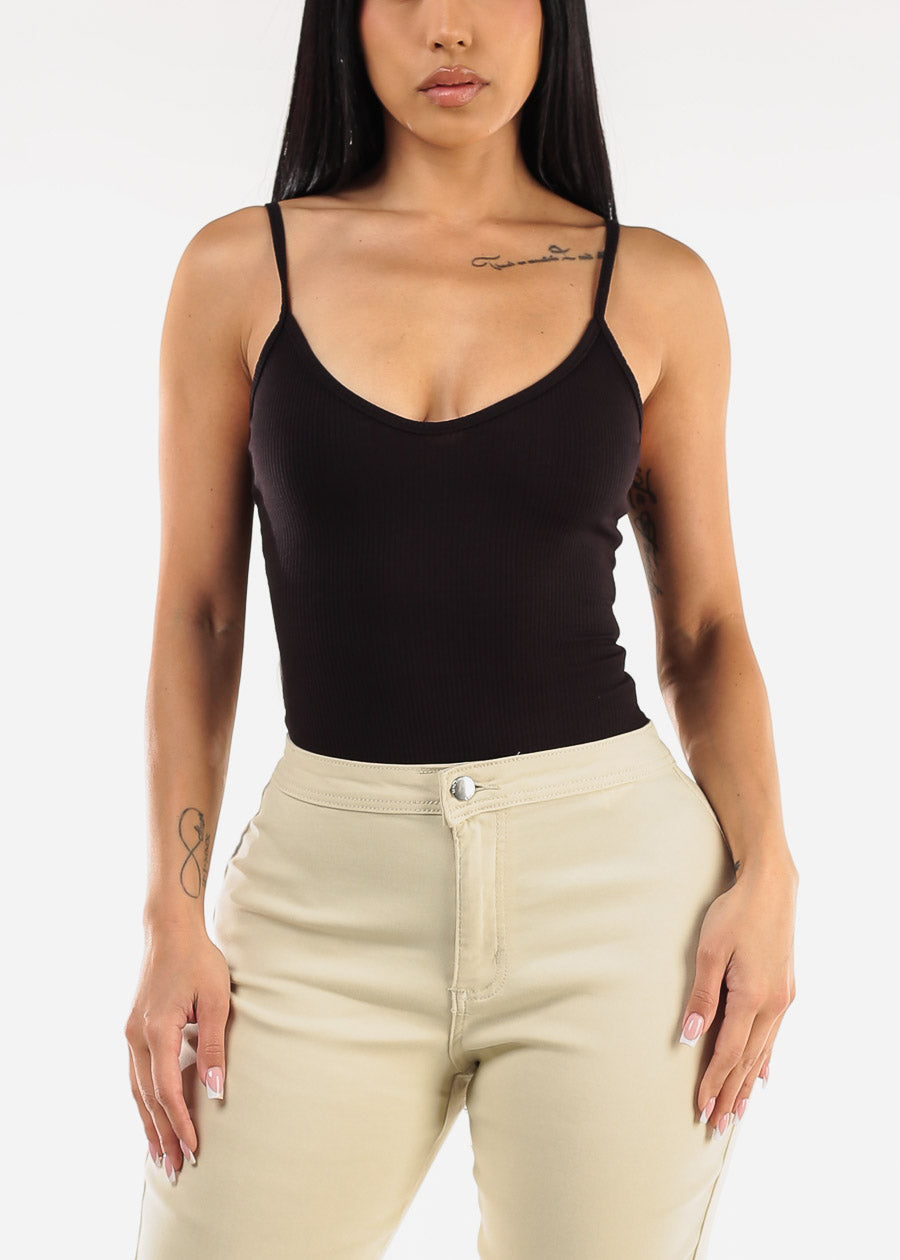 Sleeveless Vneck Ribbed Thong Bodysuit Black