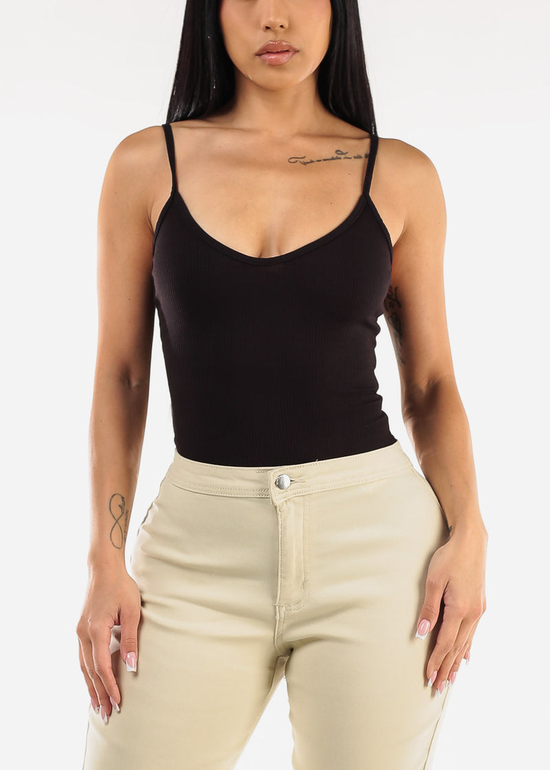 Sleeveless Vneck Ribbed Thong Bodysuit Black