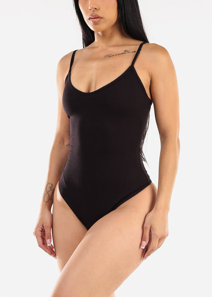 Sleeveless Vneck Ribbed Thong Bodysuit Black