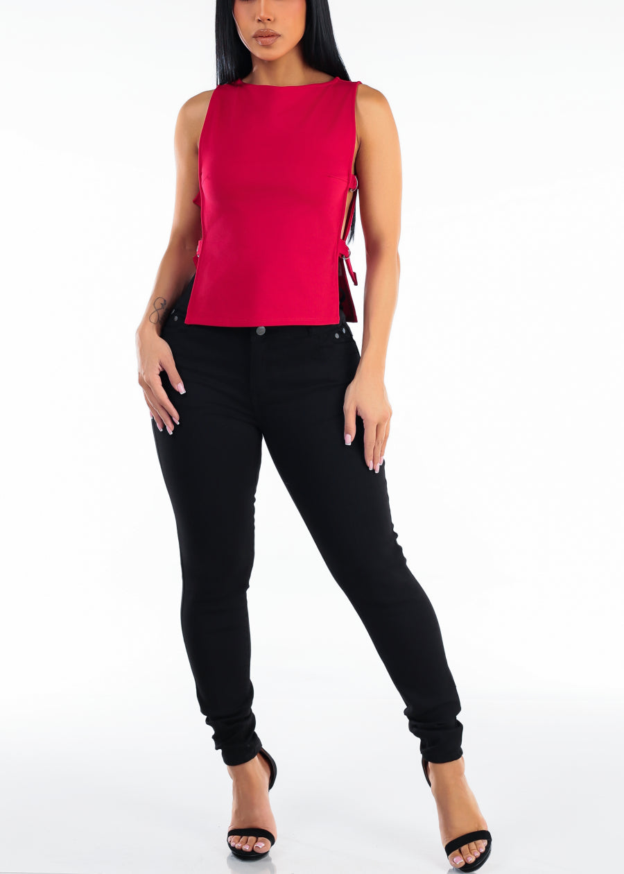 Sleeveless Boat Neck Open Buckle Side Stretch Top Red