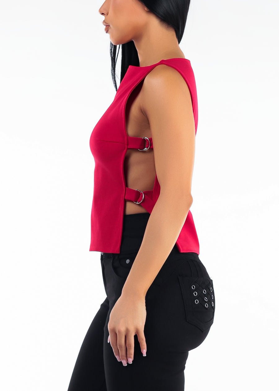 Sleeveless Boat Neck Open Buckle Side Stretch Top Red