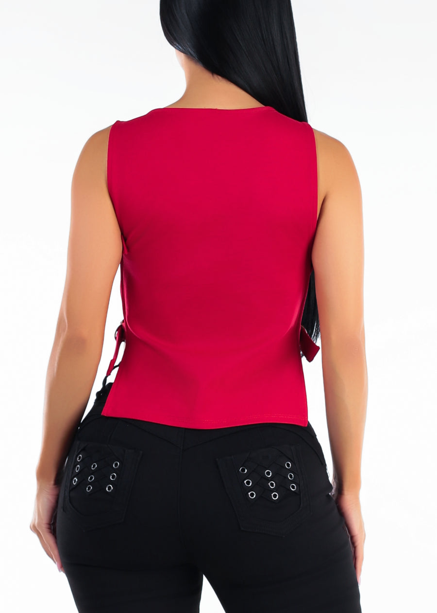 Sleeveless Boat Neck Open Buckle Side Stretch Top Red