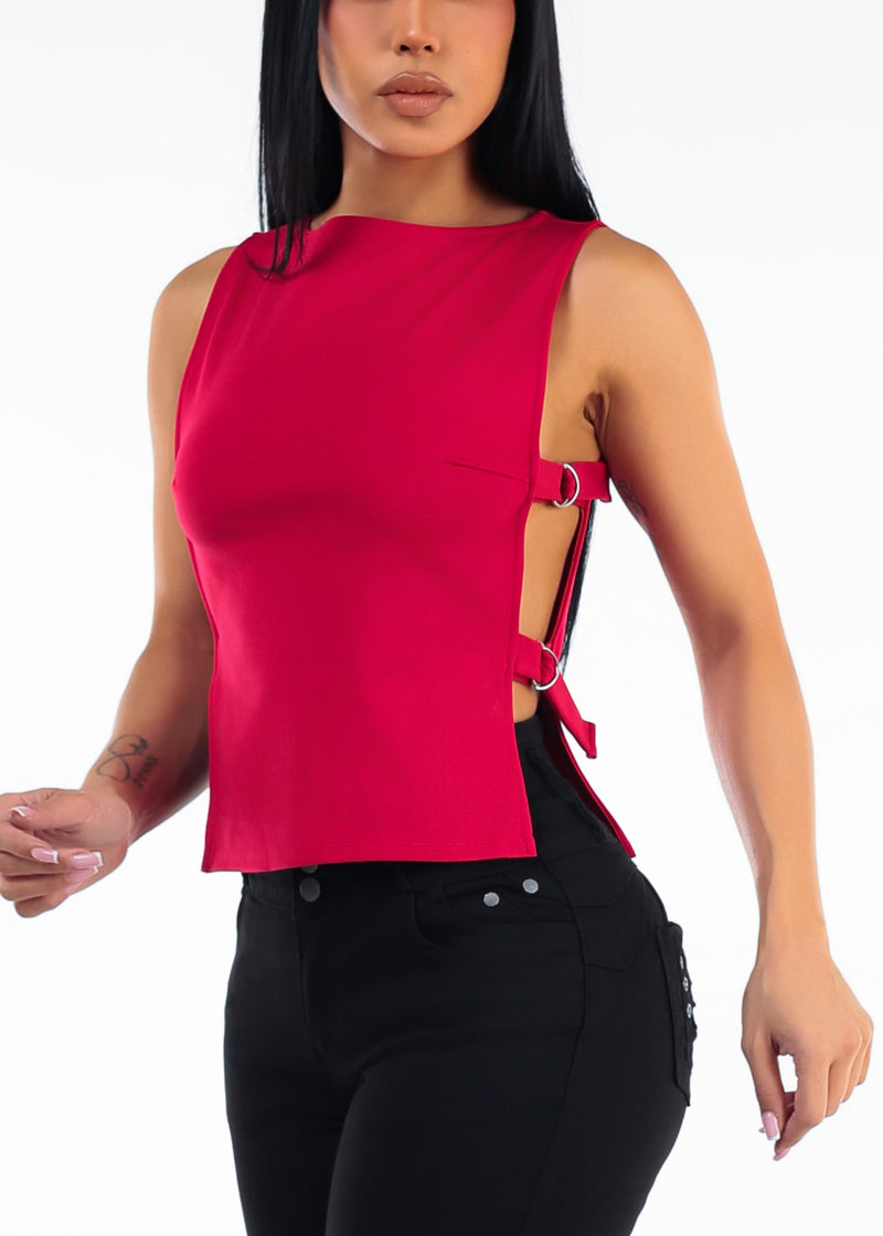 Sleeveless Boat Neck Open Buckle Side Stretch Top Red