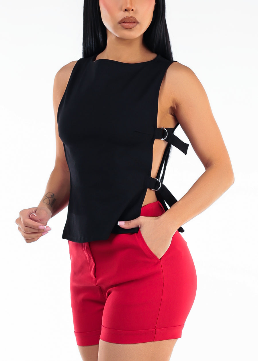 Sleeveless Boat Neck Open Buckle Side Stretch Top Black