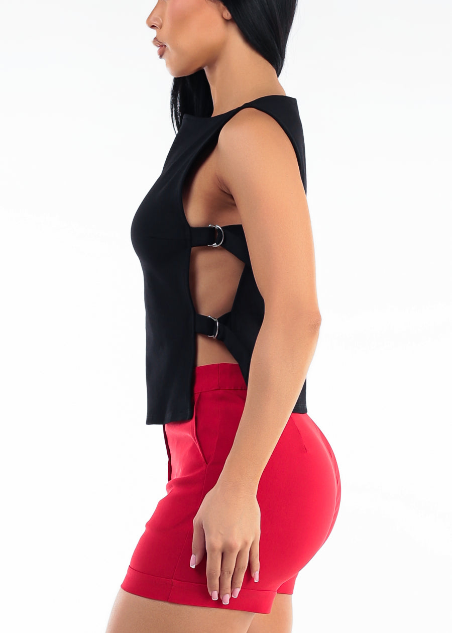 Sleeveless Boat Neck Open Buckle Side Stretch Top Black