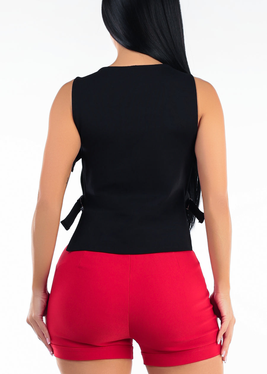 Sleeveless Boat Neck Open Buckle Side Stretch Top Black