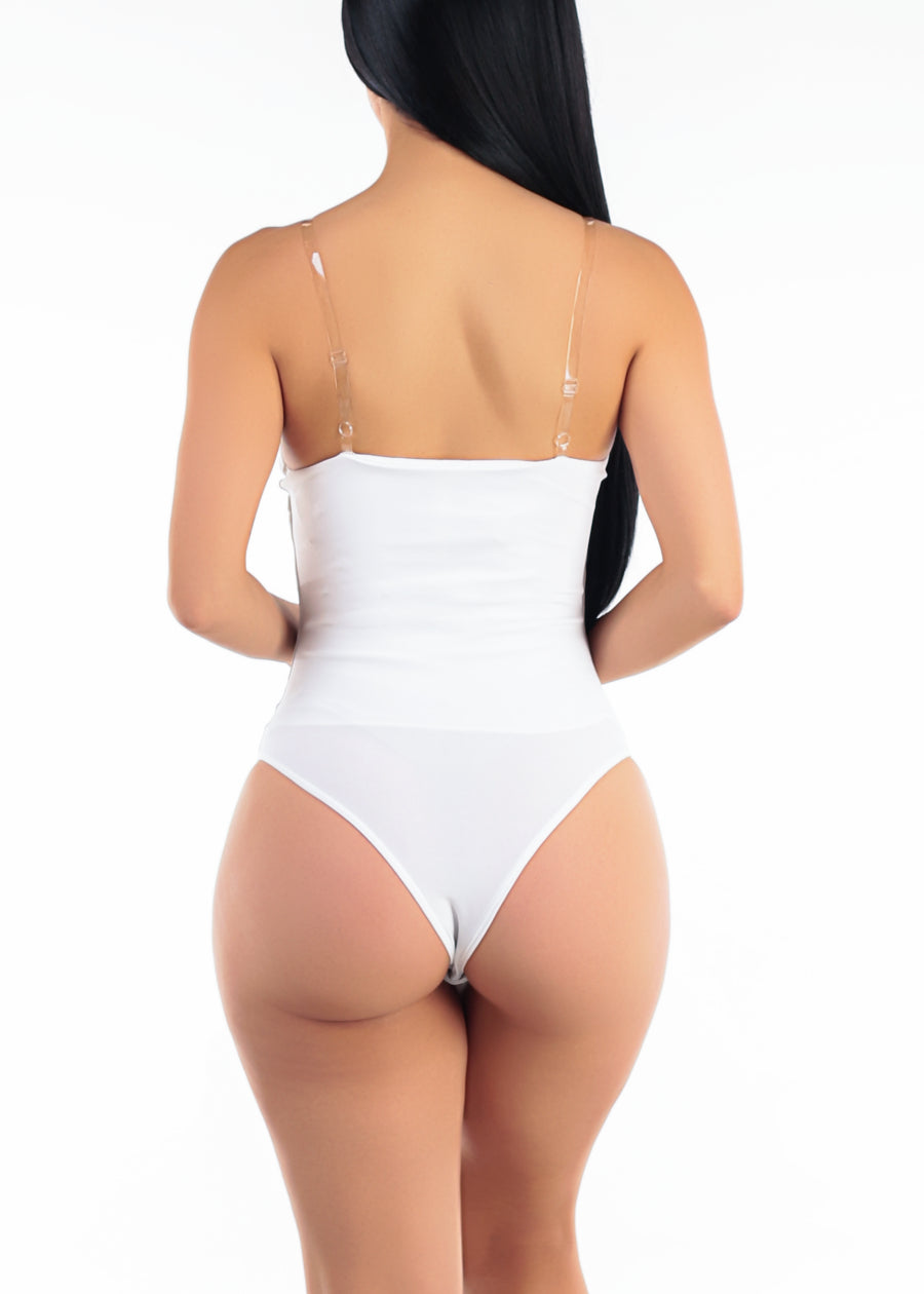 Clear Straps Scoop Neck Stretch Bodysuit Off White