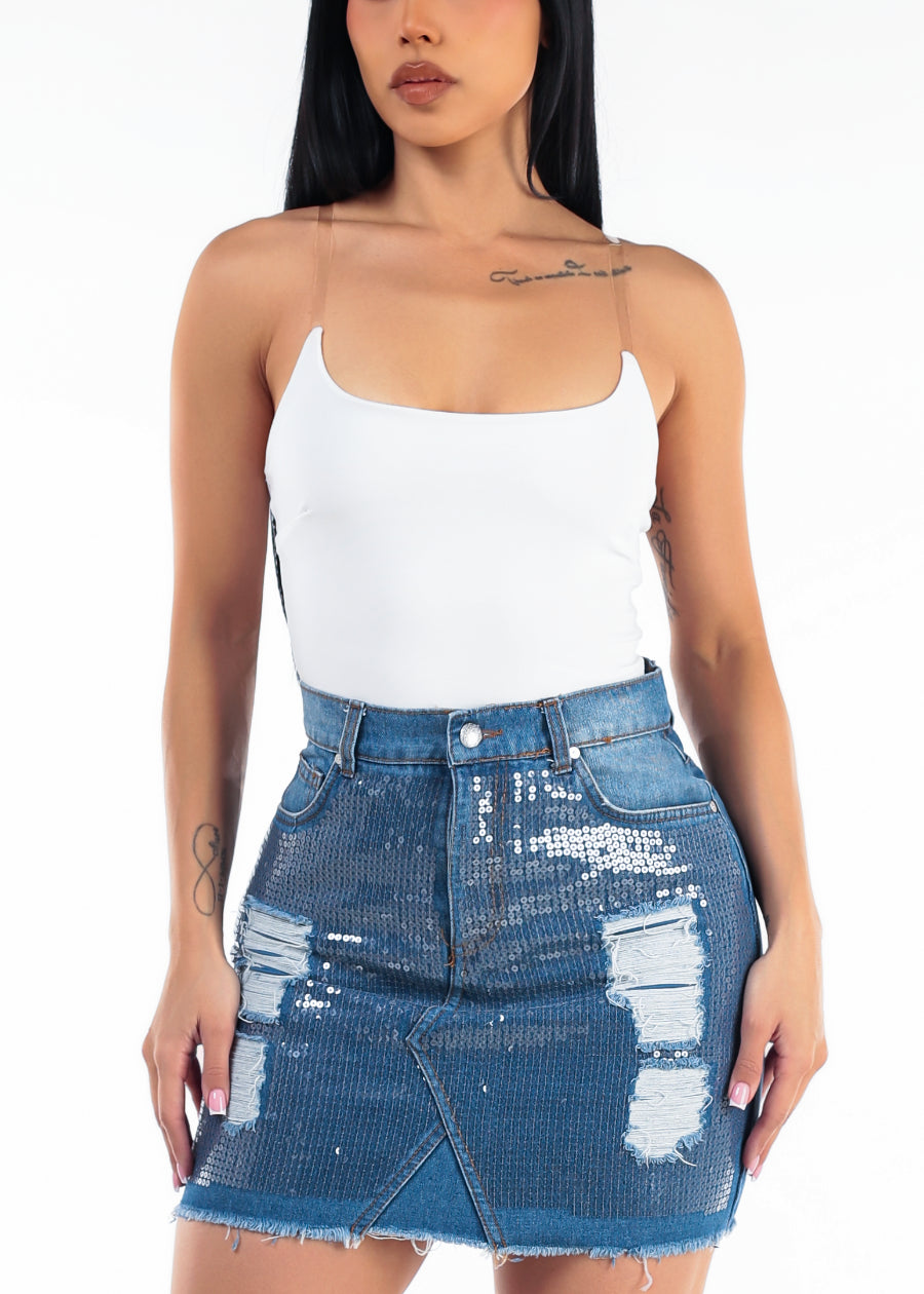 Clear Straps Scoop Neck Stretch Bodysuit Off White