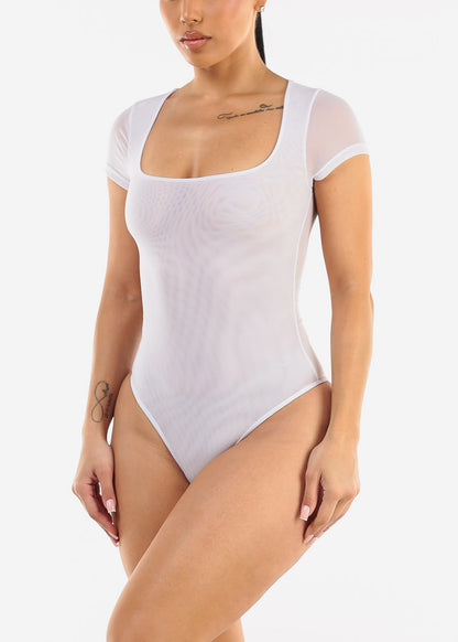 White Short Sleeve Square Neck Stretchy Mesh Bodysuit