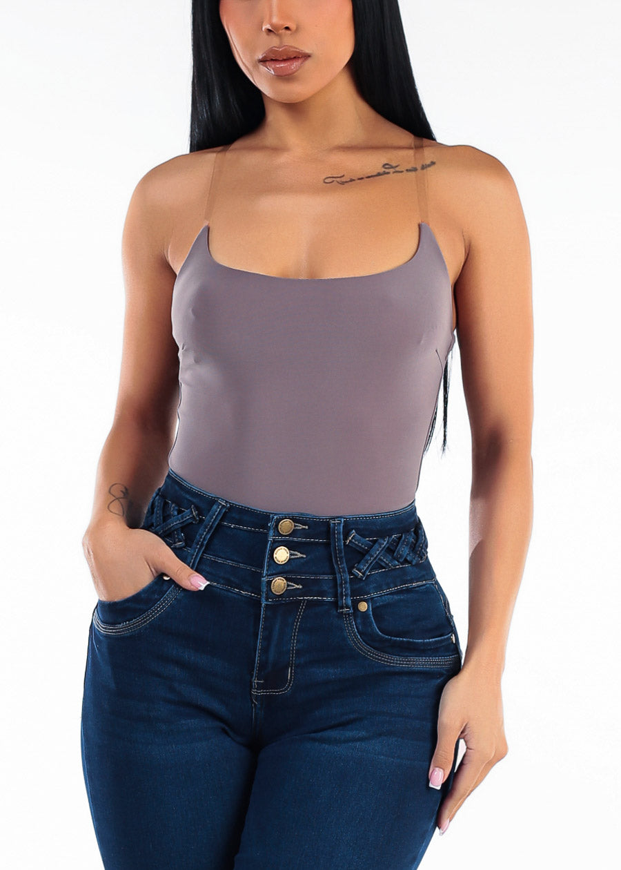 Clear Straps Scoop Neck Stretch Bodysuit Mocha