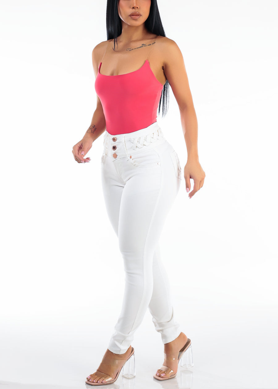 Clear Straps Scoop Neck Stretch Bodysuit Coral