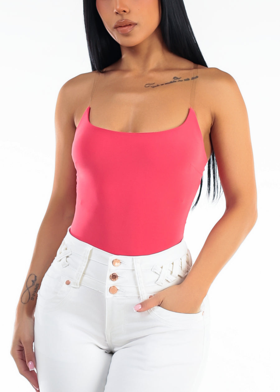 Clear Straps Scoop Neck Stretch Bodysuit Coral