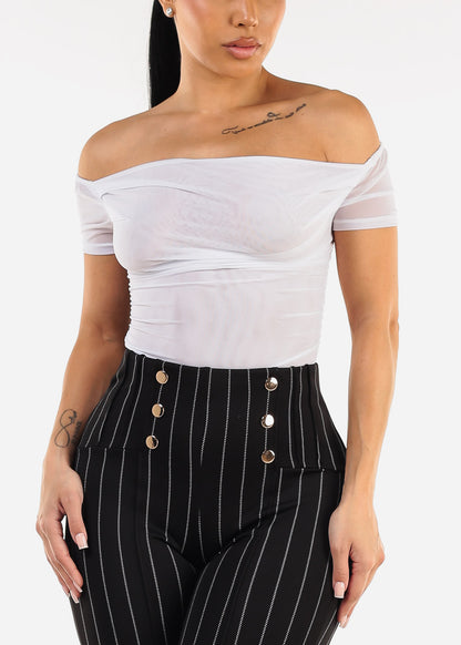 Off Shoulder Ruched Mesh Crop Top White