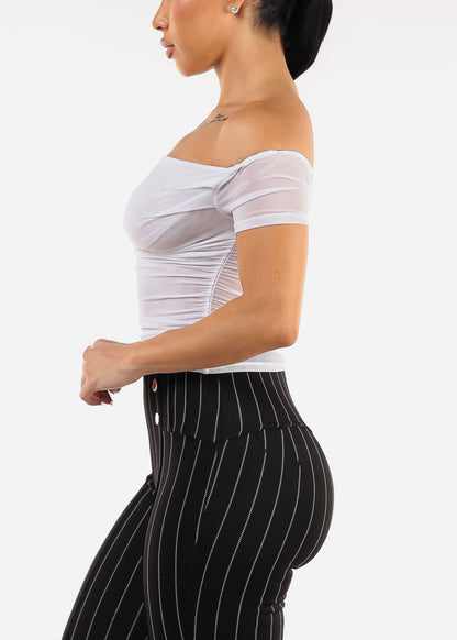 Off Shoulder Ruched Mesh Crop Top White