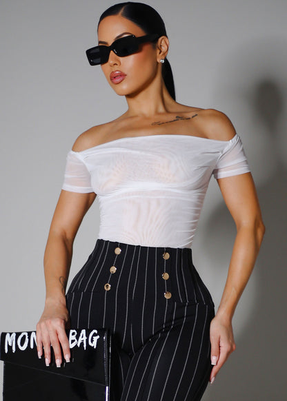 Off Shoulder Ruched Mesh Crop Top White