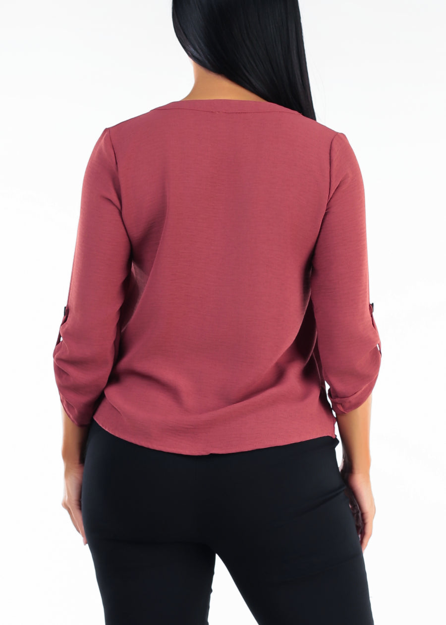 Quarter Sleeve Vneck Blouse Dusty Rose, view 4 of 4