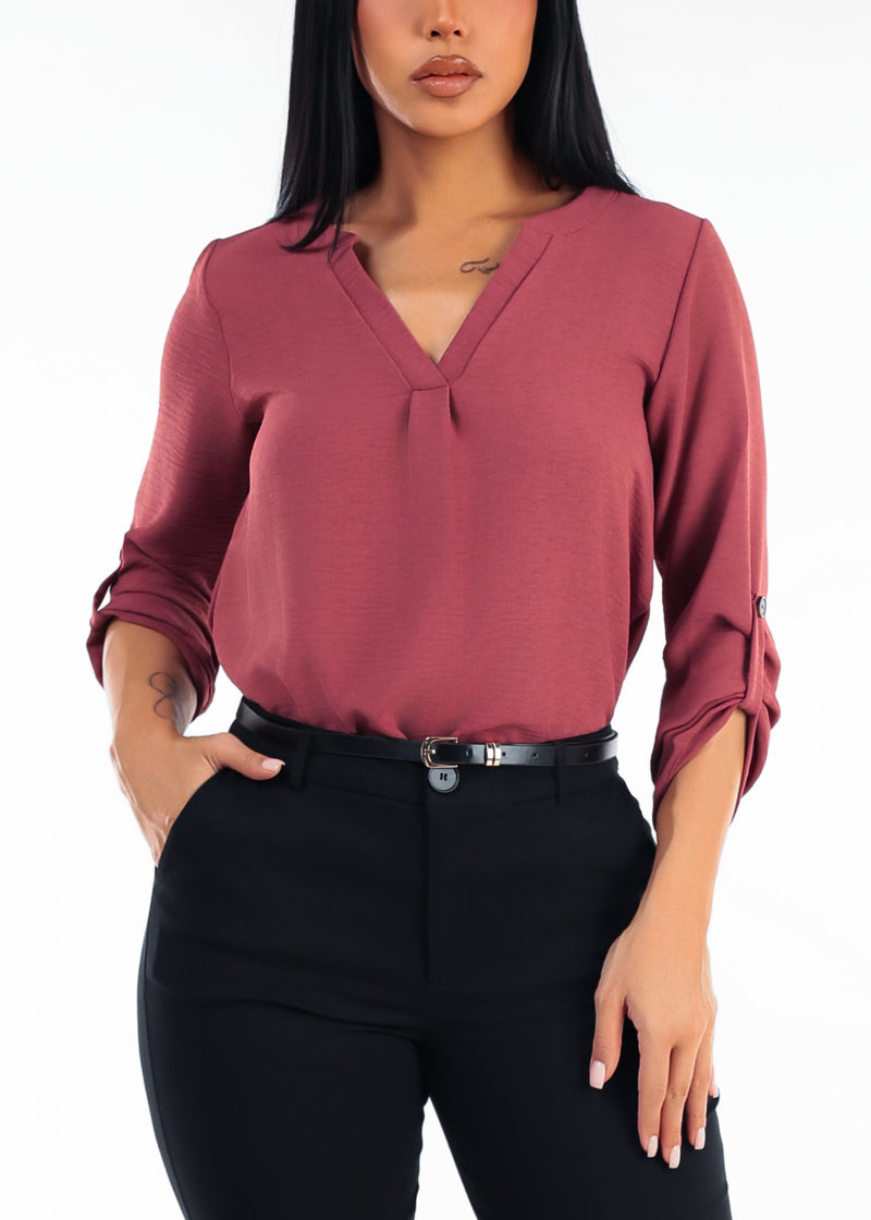 Quarter Sleeve Vneck Blouse Dusty Rose