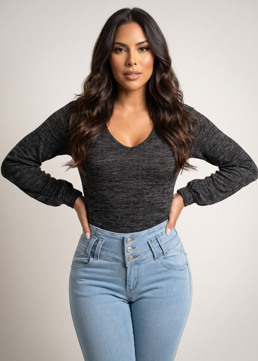 Long Sleeve Vneck Stretch Sweater Top Heather Black, view 3 of 4