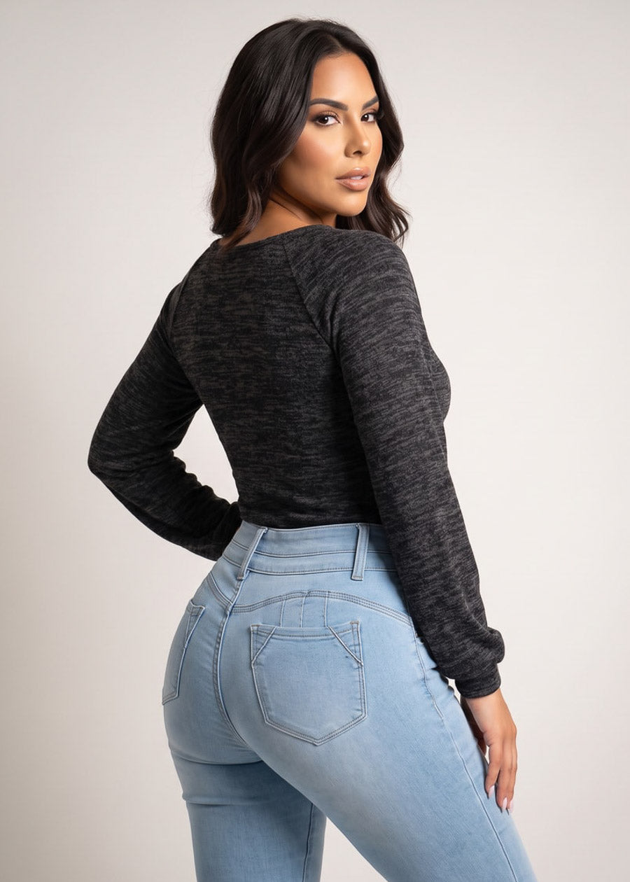 Long Sleeve Vneck Stretch Sweater Top Heather Black, view 4 of 4