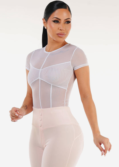 White Short Sleeve Stretchy Mesh Crop Top
