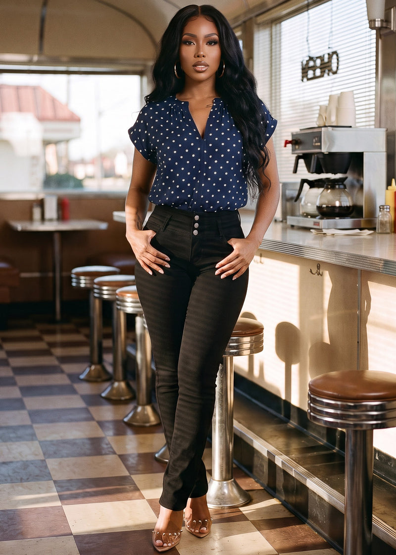 Short Sleeve Vneck Polka Dot Blouse Navy