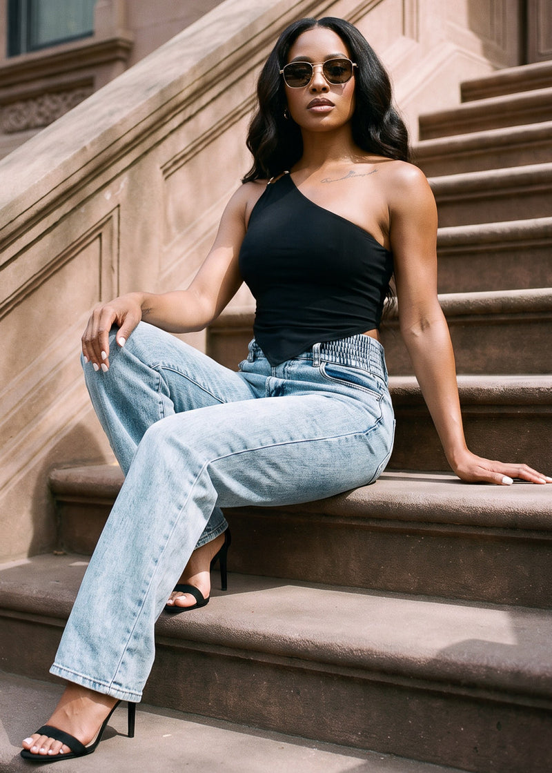 Black One Shoulder Stretch Blouse