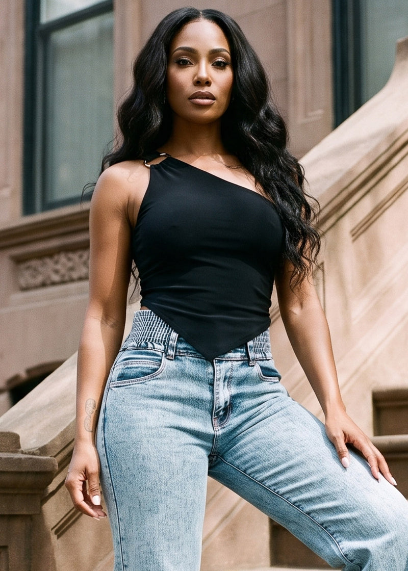 Black One Shoulder Stretch Blouse