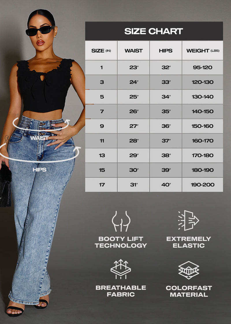 MX JEANS Butt Lift 3 Button Spandex Waist Straight Wide Leg Jeans Acid Wash