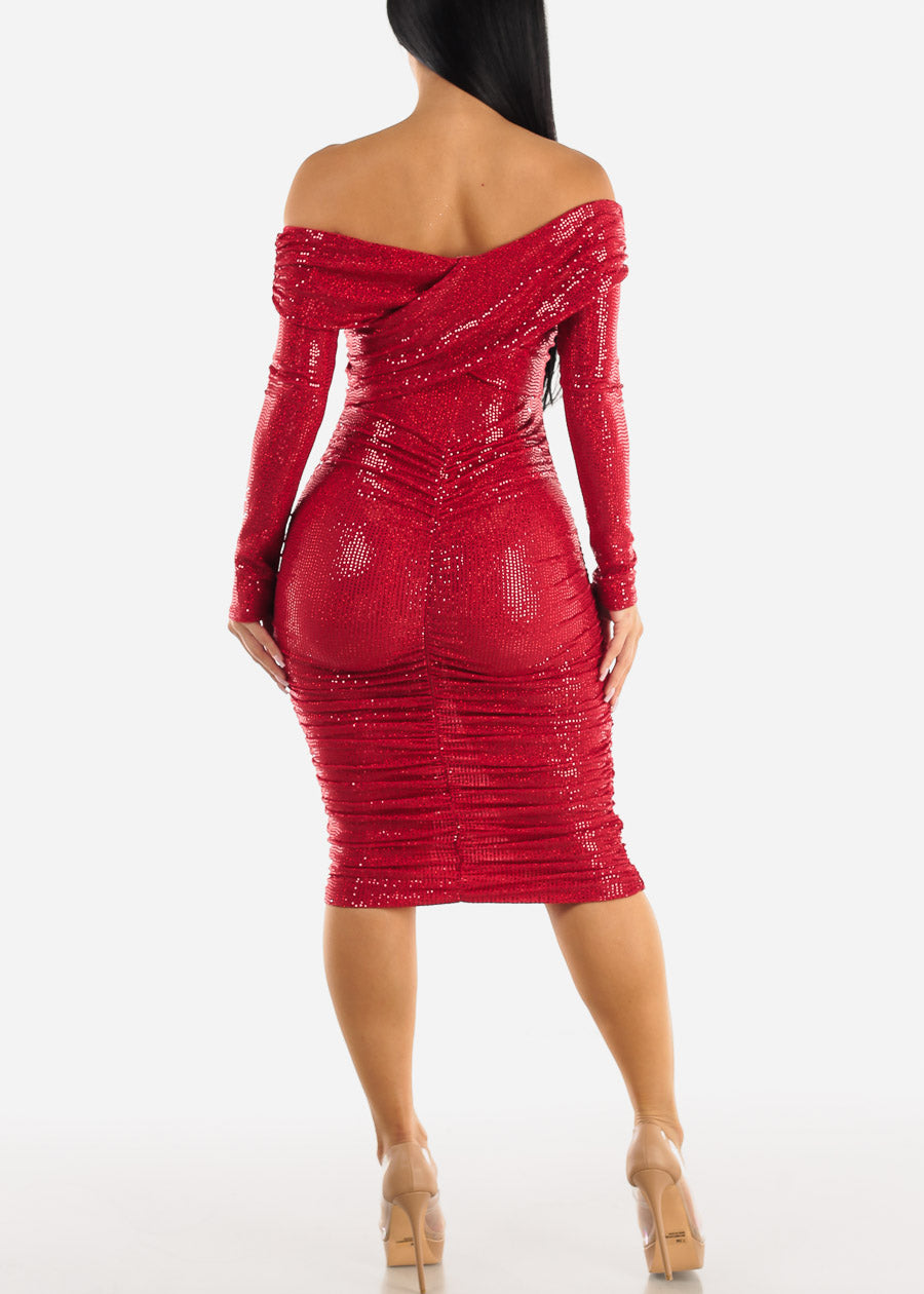 Sexy Red Sequin Long Sleeve Off Shoulder Ruched Midi Dress