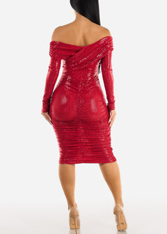 Sexy Red Sequin Long Sleeve Off Shoulder Ruched Midi Dress