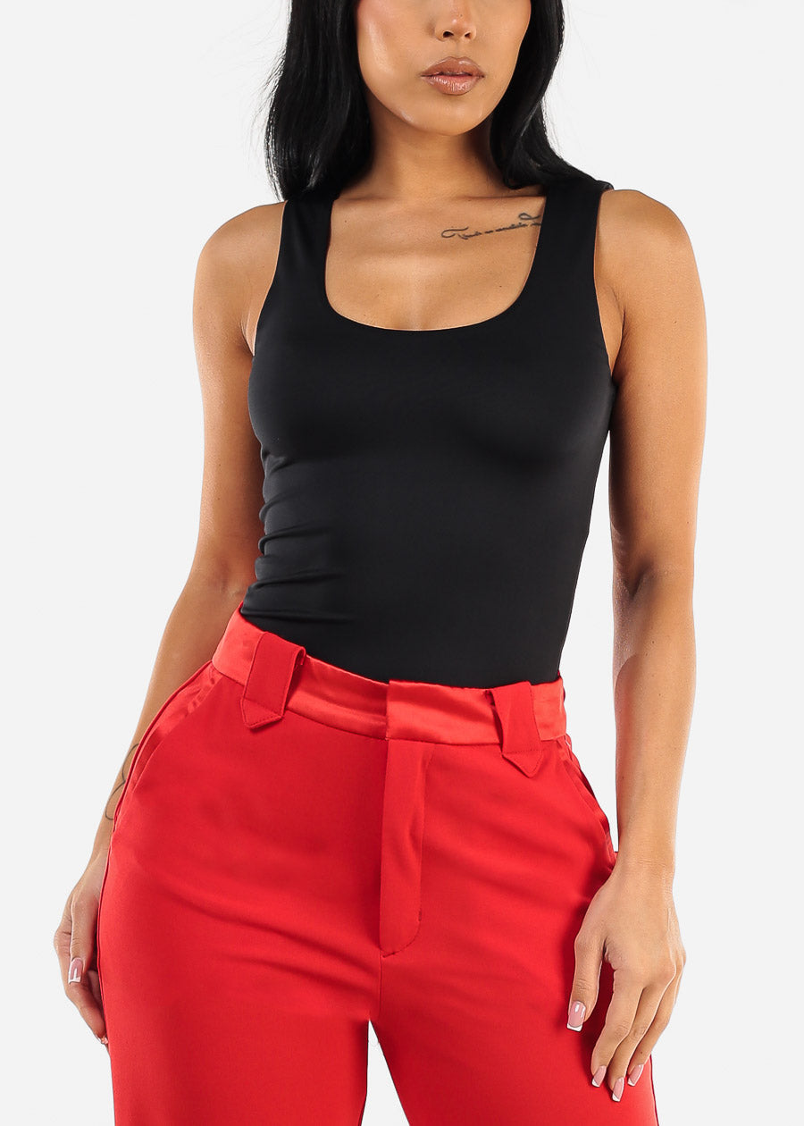 Sleeveless Double Layered Scoop Neck Black Top